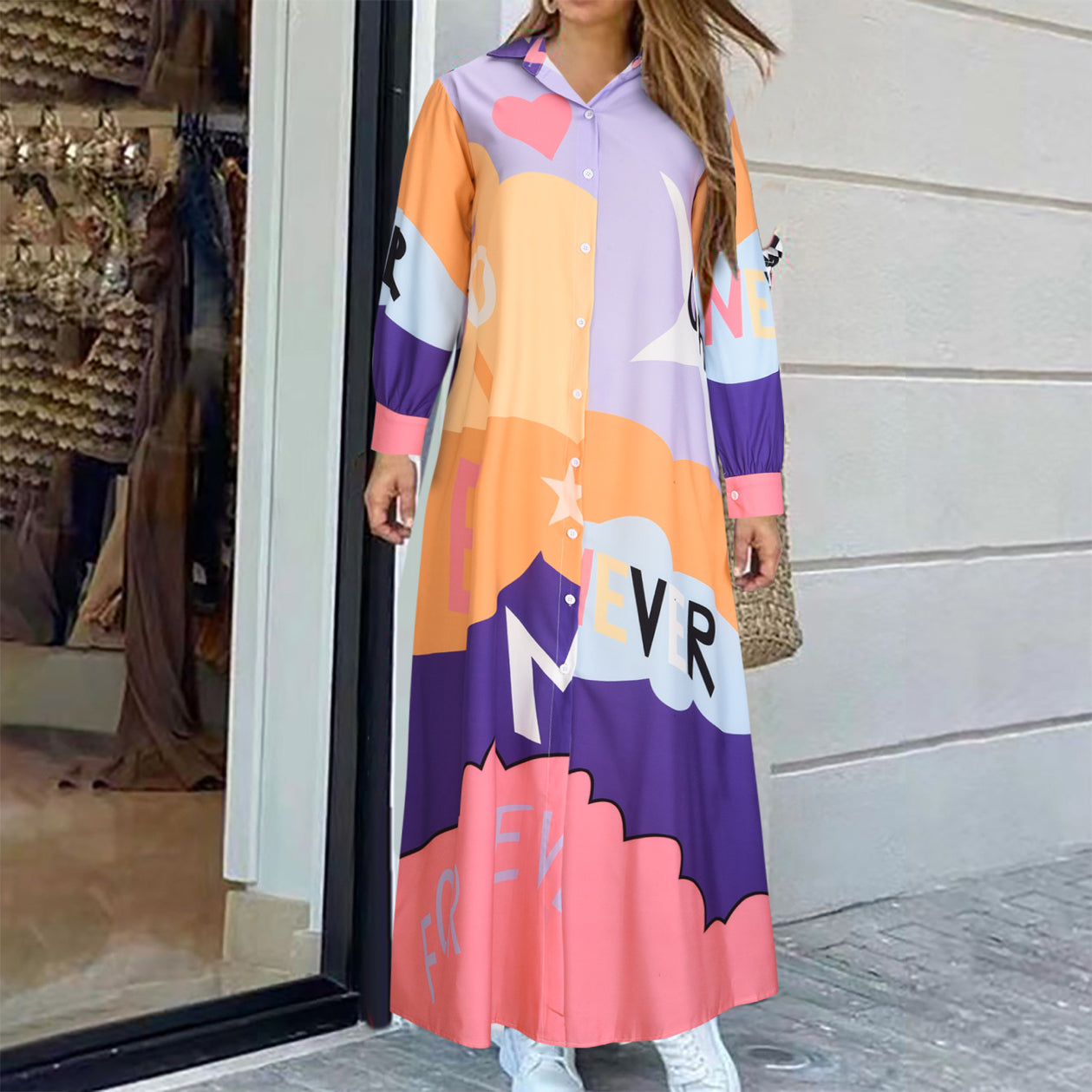 New Fashion Long Sleeve Printed Shirt Long Dress Positioning Flower