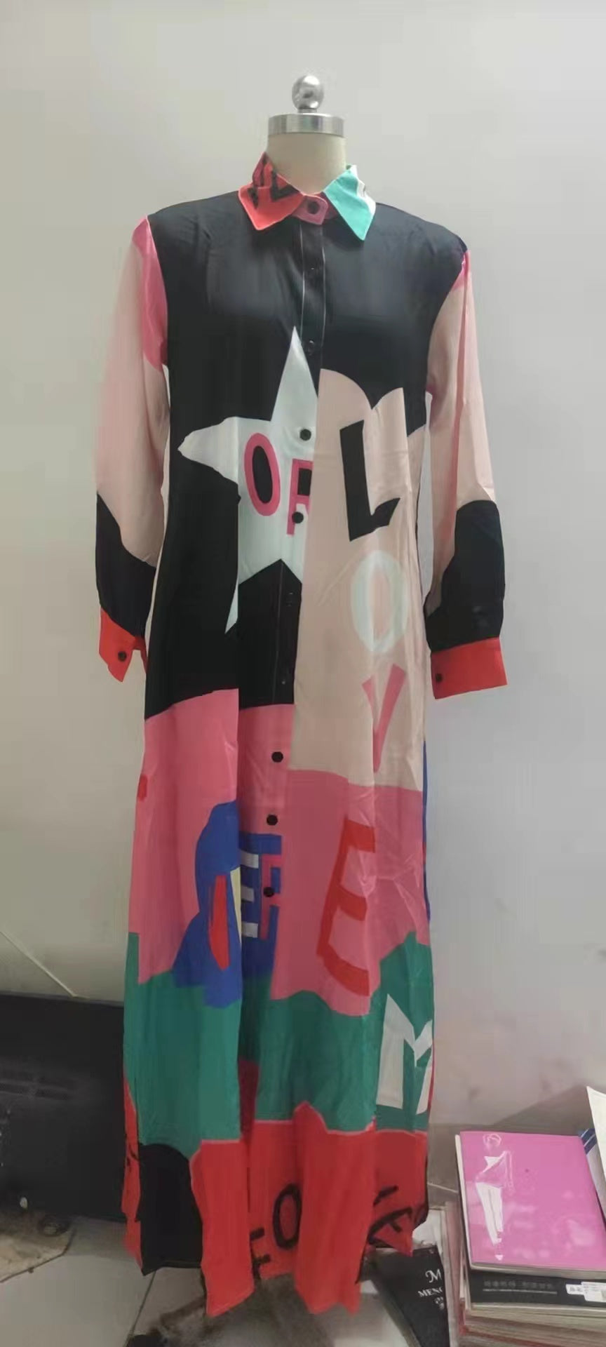 New Fashion Long Sleeve Printed Shirt Long Dress Positioning Flower