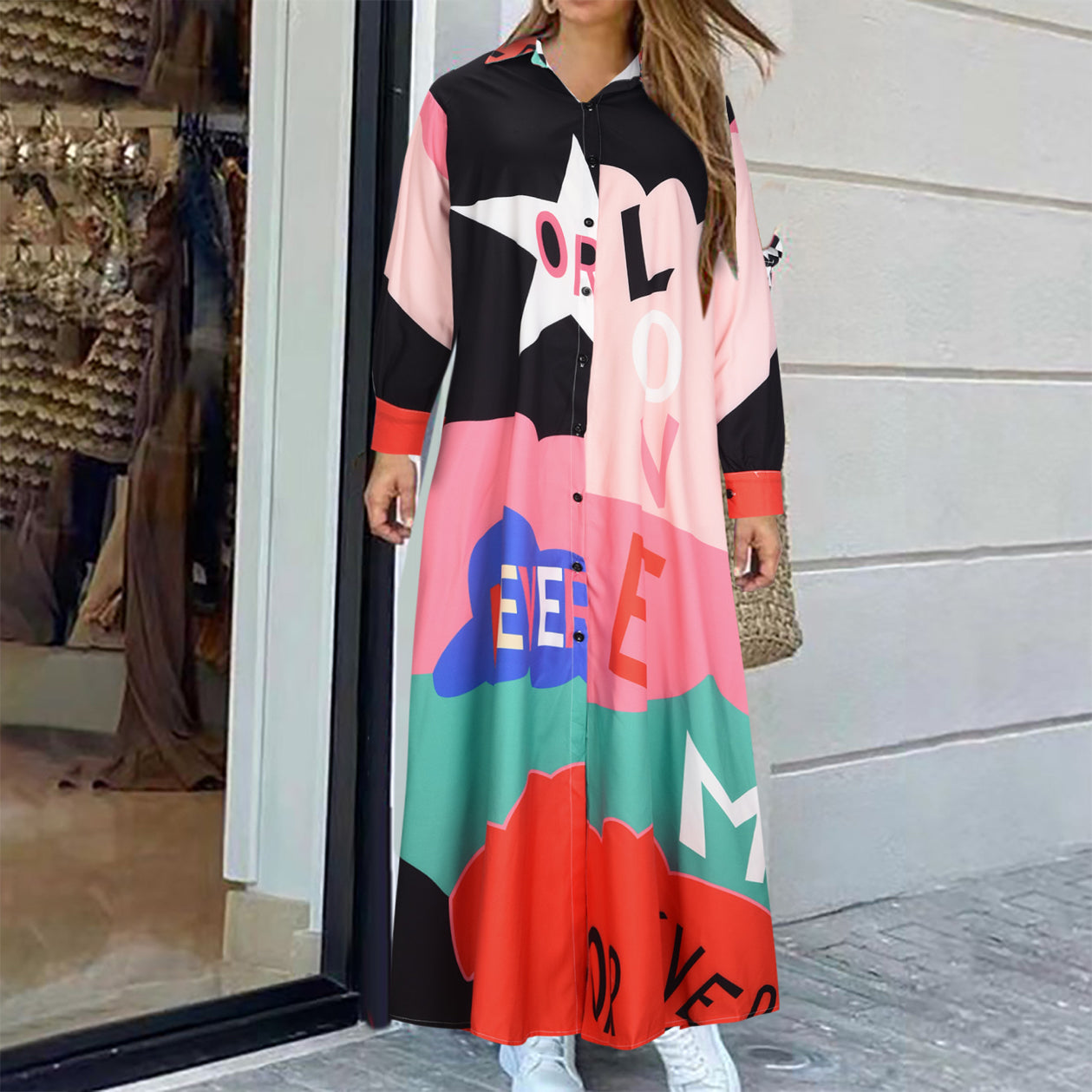 New Fashion Long Sleeve Printed Shirt Long Dress Positioning Flower