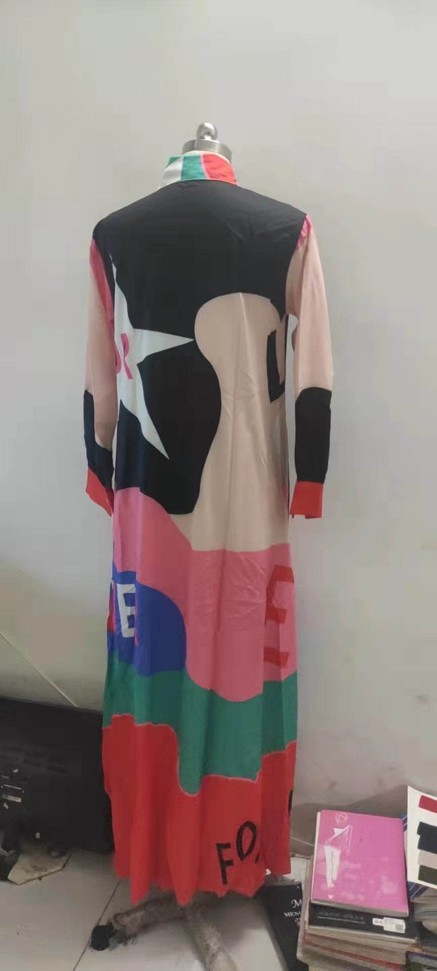 New Fashion Long Sleeve Printed Shirt Long Dress Positioning Flower